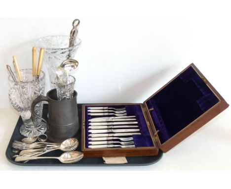 Pewter quart tankard, quantity of mixed plated flat ware, part cased set of mother-of-pearl handled knives and forks and thre