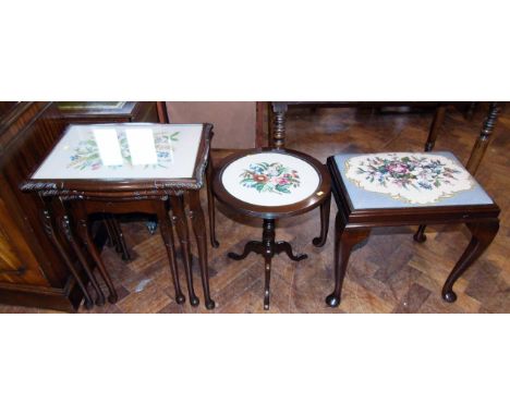 Cabriole leg stool, tripod table, nest of tables with tapestry top Condition reports are not available for the Interiors Sale