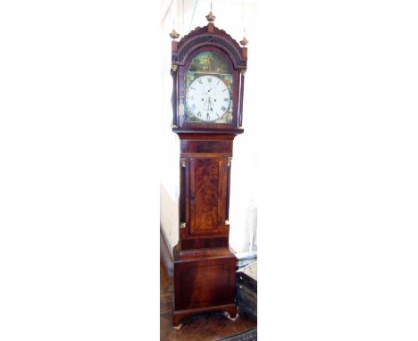 Mahogany and inlaid 8-day long case clock with painted dial (Poch, Cheltenham) the face depicting gundog shooting scene Condi