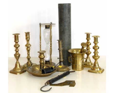 12cm diameter (max) pestle and mortar, set 30lb salters spring scales, pair of brass candlesticks, single similar ditto, sing