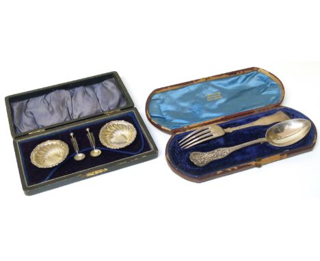 A boxed pair of silver salts by William Davenport, Birmingham 1922 and a boxed fork and spoon set Josiah Williams &amp; Co, E