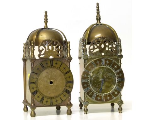 Reproduction brass lantern clock with French movement and Smiths clock English clocks lacking movement Condition reports are 