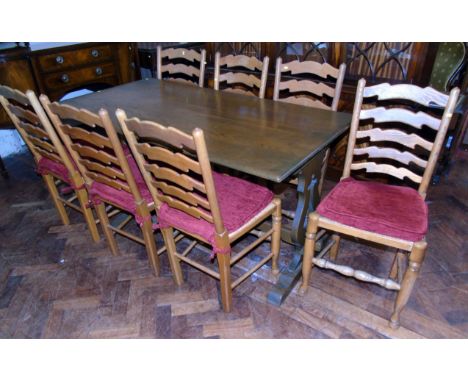 Reproduction oak refectory style table (152 x 82cm) and seven oak/elm wavy ladder-back chairs Condition reports are not avail