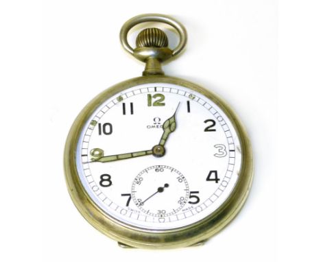 An Omega white metal open face pocket watch, the signed circular white enamel dial with Arabic numerals, outer minute track a