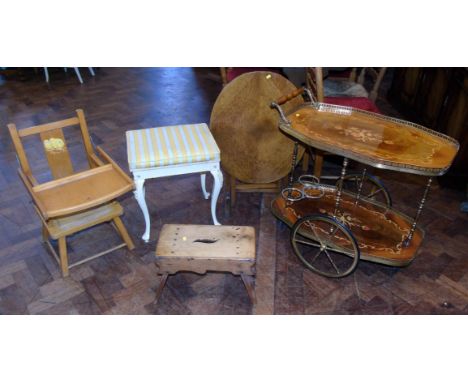 Italian style marquetry two-tier dinner trolley, childs high chair, oval folding table, dressing stool and standard lamp etc 