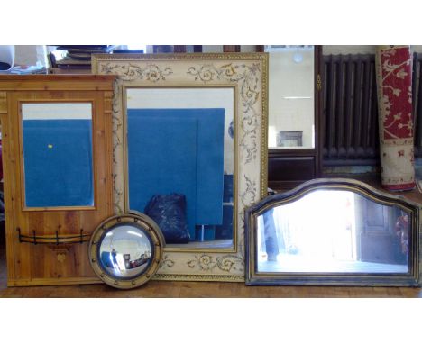 A large modern wall mirror with painted border, convex wall mirror, pine mirror with shelf and an over mantle mirror Conditio