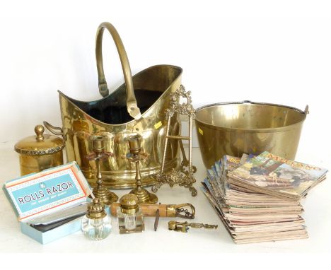 Brass jam kettle, tobacco jar, picture stand/easle pair of copper/brass candlesticks, a set of Harrison Sovereign scales, a c