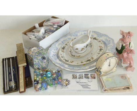 Two Wade Nat West Pigs, quantity of coloured marbles, 10" slide rule, B.M.O. tea pot, Smiths timer clock, B.M. &amp; T. platt