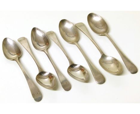 Four silver teaspoons marked "MD" initials marks for Peter &amp; Ann Bateman, 1794, and three other teaspoons by William Hutt
