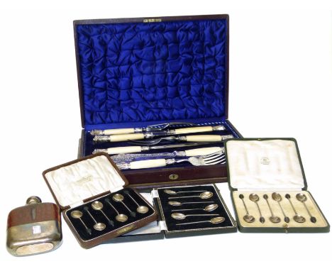 Victorian set of bone handled carving knives and forks (J.D. &amp; S.) and three cases of silver berry spoons and a plated hi