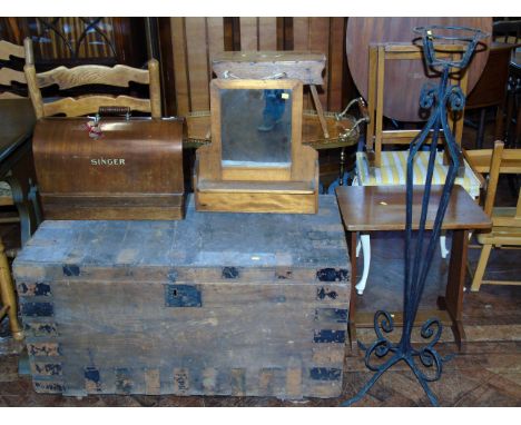 Singer sewing machine, wrought iron plant/lamp standard small occasional table, pine metal bound trunk and mirrored wall box 