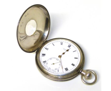 A silver half hunter pocket watch by J.W. Benson, the white enamel signed dial with Roman numeral hour markers, outer minutes