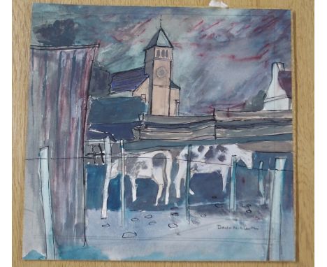 •DAVID M MARTIN RSW, RGI, PAI (SCOTTISH 1922-2018) COWS BEFORE A VILLAGE CHURCH; AUTUMN LANDSCAPE Mixed media, both signed, d