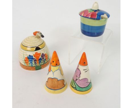 A COLLECTION OF CLARICE CLIFF CERAMICS including a Crocus pattern beehive honey pot, 8cm, a Fantasque Bizarre Blue Chintz mus