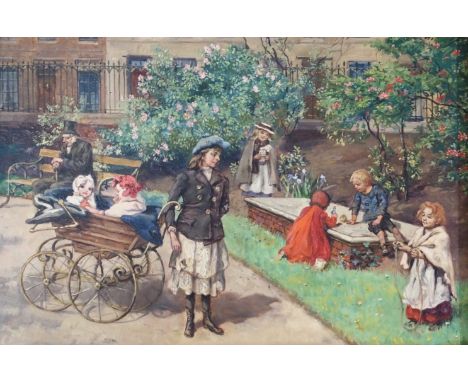 J WILLIAMSON (BRITISH 19TH/20TH CENTURY) IN THE PARK; A QUEUE AT THE BUTCHER'S SHOP Oil on board, signed and dated (19)03 (A 