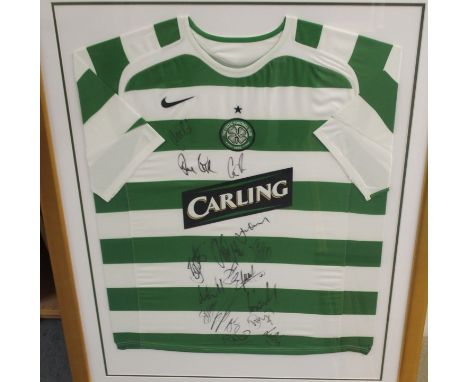 A GREEN AND WHITE REPLICA CELTIC SHORT-SLEEVED SHIRT the front bearing numerous player autographs from the 2005-07 season, fr