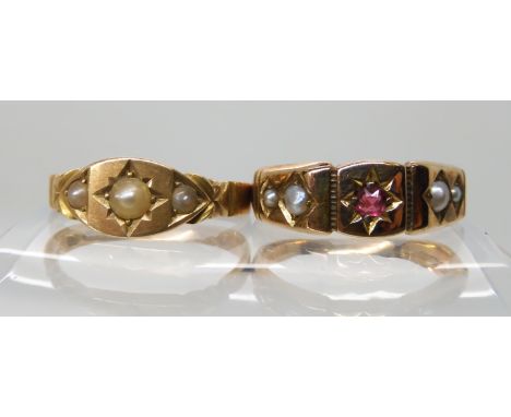 TWO 15CT GOLD VINTAGE RINGS one set with a trio of pearls, hallmarked Birmingham 1879, finger size P, together with a red gem