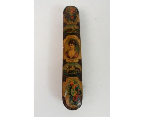 A PERSIAN LACQUER QUALMADAN painted with European subject portrait heads, animals and flower sprays, the interior with white 