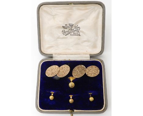 A BOXED SET OF CUFFLINKS AND SHIRT STUDS WITH FLORAL ENGRAVING combined weight 11.5gms Condition Report: Full Birmingham hall