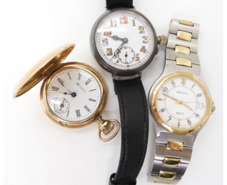 THREE WATCHES a Zenith, stainless steel bi colour Defy wristwatch, with white dial, black Arabic and gold coloured baton nume