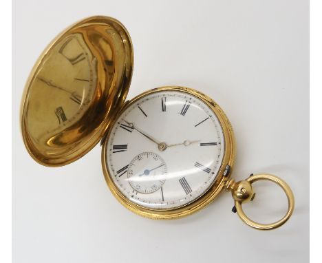 AN 18CT GOLD FULL HUNTER POCKET WATCH with white enamel dial with black Roman numeral, gold coloured breguet hands and subsid