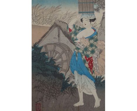 YOSHITOSHI THE STRONG WOMAN woodblock print, 33 x 22cm, geisha and attendant, 75 x 28cm, actors, triptych, 36 x 25cm each, an