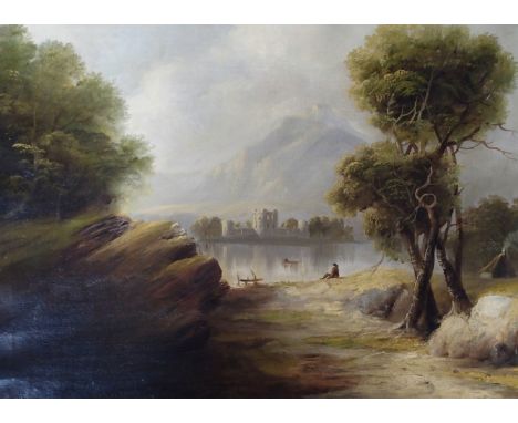 SCOTTISH SCHOOL (19TH CENTURY) BY THE BANKS OF A HIGHLAND LOCH Oil on canvas, 46 x 61cm (18 x 24") (arched) Condition Report: