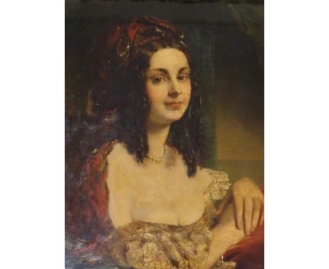 ATTRIBUTED TO GEORGE HENRY HARLOW (BRITISH 1787-1819) PORTRAIT OF A LADY IN RED WEARING A PEARL NECKLACE Oil on canvas, 61 x 