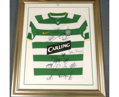 A GREEN AND WHITE CELTIC REPLICA SHORT-SLEEVED SHIRT the front bearing numerous player autographs from the 2008-10 season, fr