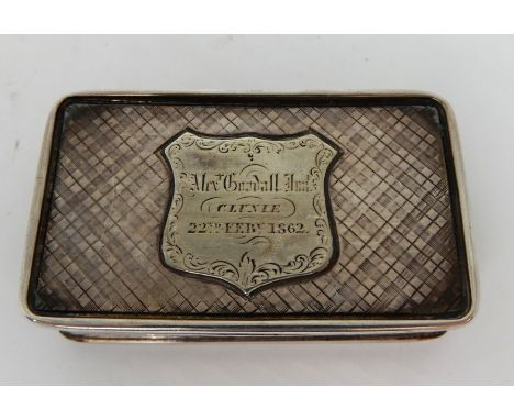 A SILVER SNUFF BOX by Francis Clark, Birmingham 1839, of rectangular form with engine turned decoration, the hinged lid with 