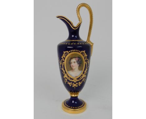 A MINTONS PORCELAIN EWER painted with the portrait of a maiden within gilt cartouch, signed by F N Sutton, 23.5cm high Condit