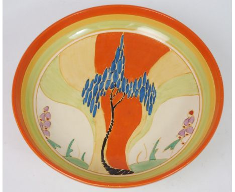 A CLARICE CLIFF BIZARRE WINDBELLS PATTERN BOWL painted in colours, within green, yellow and orange banded rim, printed marks 