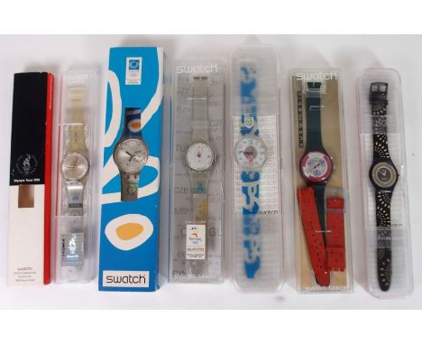 FIVE VARIOUS OLYMPIC SWATCH WATCHES including Atlanta 1996,  Sydney 2000, Beijing 2008, Athens 2004 etc and another Swatch wa