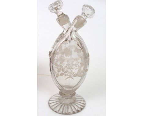 A 19th CENTURY CUT AND ETCHED TWIN NECK SPIRIT DECANTER purportedly to have belonged to Sir Walter Scott, etched with a horse