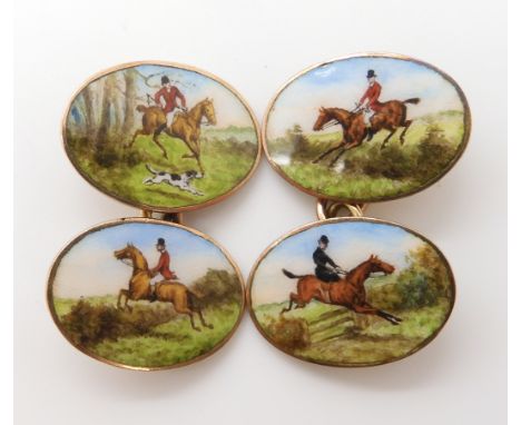 A PAIR OF 9CT GOLD HUNTING SCENE CUFFLINKS each face with a different hand painted scene of horse and hound, in painted vitre