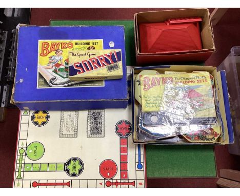 Three Post War Bayko Sets, boxed, plus a Sorry board game, playworn and unchecked.