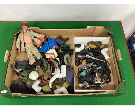 A Quantity of Mainly Vintage Action Man Clothing, Weapons, Quartermaster Stores including Palitoy Action Man Figure with Floc