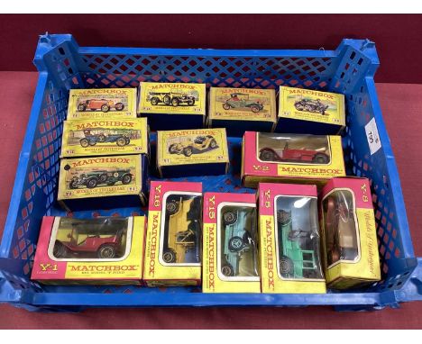 Thirteen Matchbox Die-Cast "Models of Yesteryear" to includeY6 1926 Type 35 Bugatti, Y8 1914 Sunbeam Motor Cycle with Milford