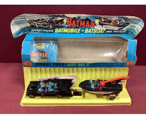 Corgi Toys Gift Set No 3 - Batmobile and Batboat, complete with car, boat, trailer, instructions, rockets in bag. overall car