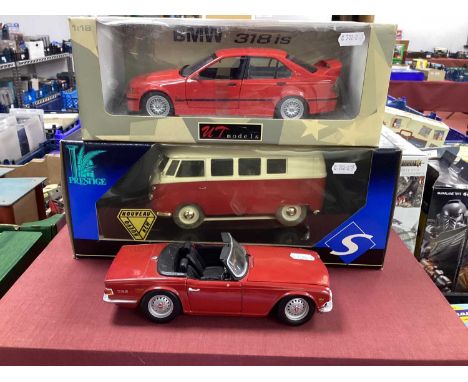 Three 1:18th Scale Diecast Model Cars comprising of Boxed UT Models BMW 318 is1996 Red, Solido #8031 VW Combi 1966, Ertl Triu