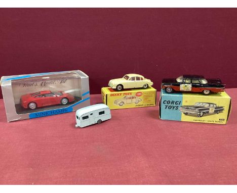 Dinky No 195 Jaguar 3.4 Saloon, cream, fair, good, boxed. Corgi No 223 'Chevrolet State Patrol'. repainted, boxed, a Minicham