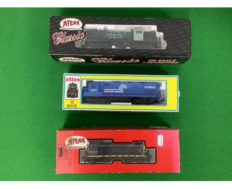 Three Atlas HO Gauge U.S.A Outline Diesel Bo-Bo Locomotives, comprising Ref N 8063 class C424; Ref No 8450 Alco RS-3 Bo-Bo un
