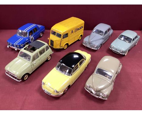Seven 1:18th Scale Outline Continental Diecast Model Vehicles by Solido, Norev to include Renault Dauphine, Renault 4CV, Citr