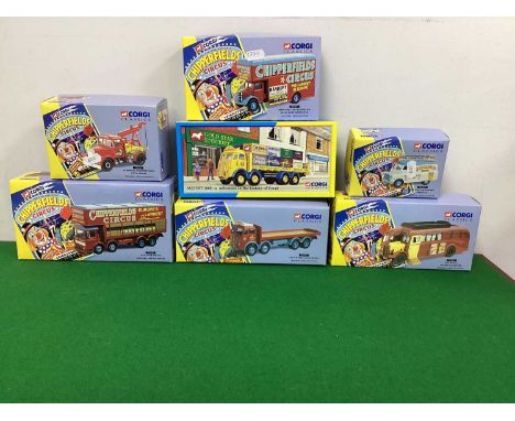 Seven Corgi Diecast Model Commercial Vehicles, mostly Chipperfields Circus editions including #97896 AEC Pole Truck, #97092 B