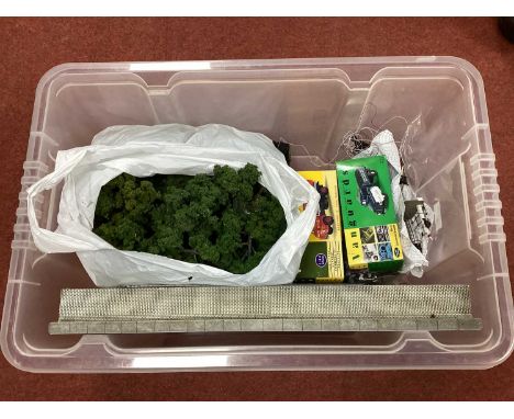 A Collection of 7mm Railway Platform Layout Accessories, to include signals, lighting, foliage, buildings, fencing, animals, 