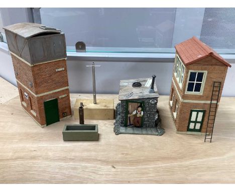 Three Gauge One/10mm Resin Buildings, comprising a signal box, water tower and trackside, plus gas lamp, water trough etc, ov