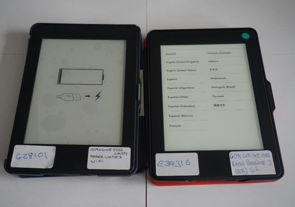 TWO KINDLE PAPERWHITE 3 (2015) WIFI Serial Numbers G090 G105 5425 03PQ (with case), G090 G105 52