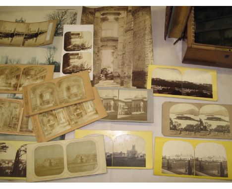PHOTOGRAPHY, misc. including small 19th c. album (1 clasp missing); wooden box with 3 glass stereoscopic views; 5 hold-to-the