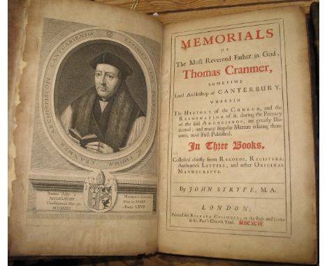 STRYPE (J.) Memorials . . . of Thomas Cranmer, folio, with the Appendix, portrait frontis &amp; 5 plates, old calf (rebacked)