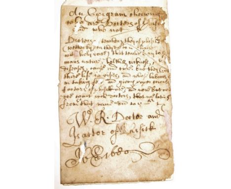 [MEDICINE] W.R. "An Epigram shewing Who are Doctors of Physick and who not," manuscript, small, a/f, pasted down, dated 1680